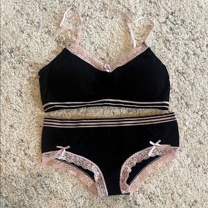 Black and Pink Lace Trim Bralette and Panty Set size M fits small